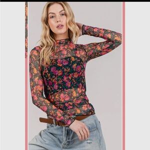 154. Floral mesh long sleeve in black and pink